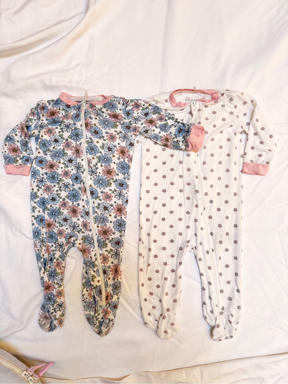 Baby Girl Floral Footed One-Pieces - Pink Trim